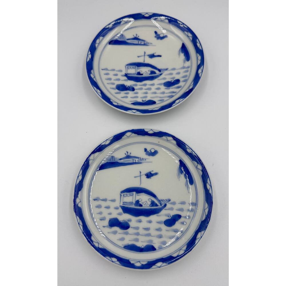 Antique Japanese Imari Arita Ware Porcelain Blue & White Plate Set